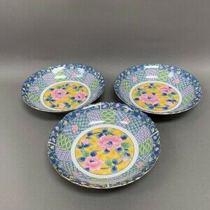 Gump's Botan Soup Cereal Bowls Blue Yellow Pink Multi-color Floral Flowers Lot 3